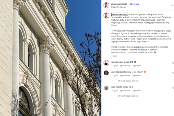 Relacja na Instagramie z remontu IV Liceum na ulicy Pomorskiej w Łodzi